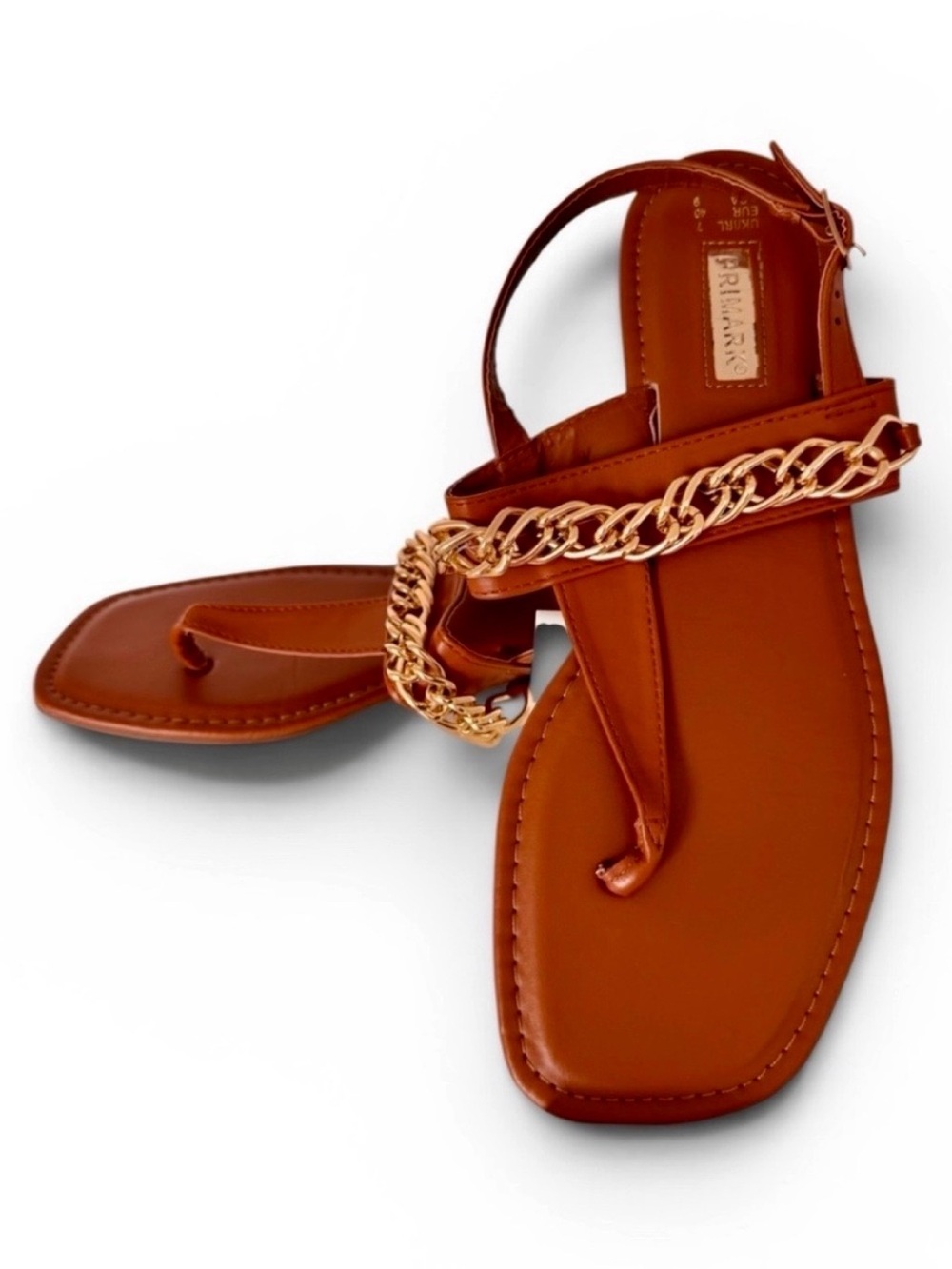 Primark Tan Gold Chain Thong Ankle Strap Flat Sandals Size 9 - Picture 1 of 6